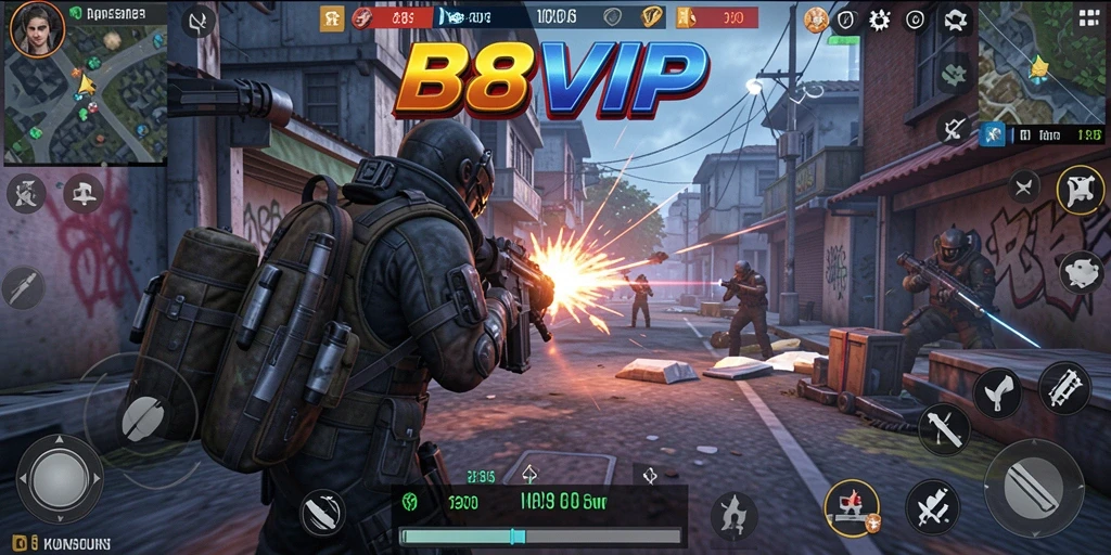Tangkapan layar menampilkan aksi tembak-menembak dalam permainan B8VIP.