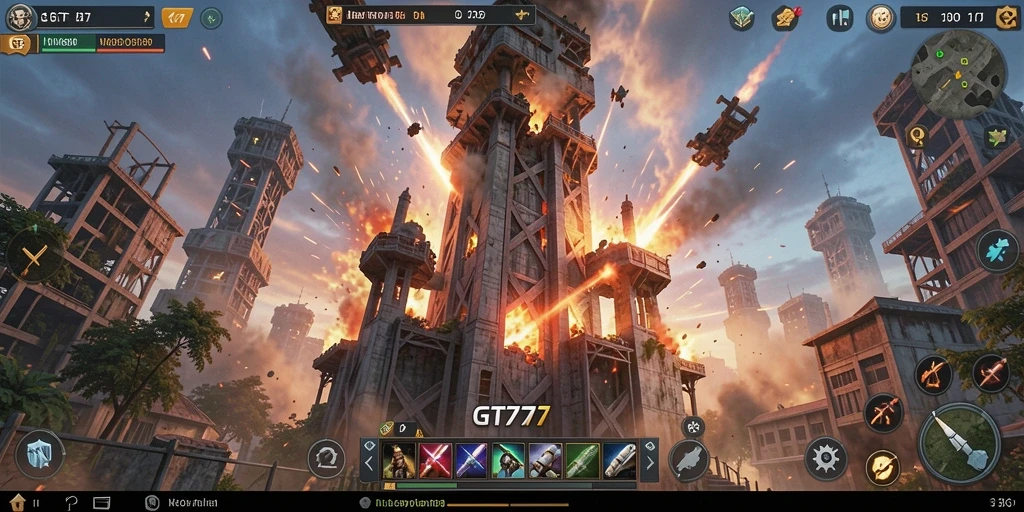 Screenshot gameplay GT777 dengan menara yang beraksi melawan gelombang musuh.