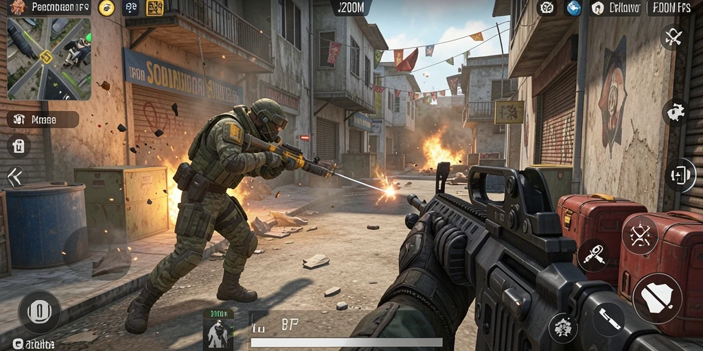 Tangkapan layar menunjukkan aksi intens pertempuran dalam game FPS.