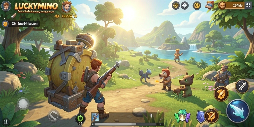 Tangkapan layar gameplay LUCKYMINO yang menampilkan petualangan di dunia terbuka.