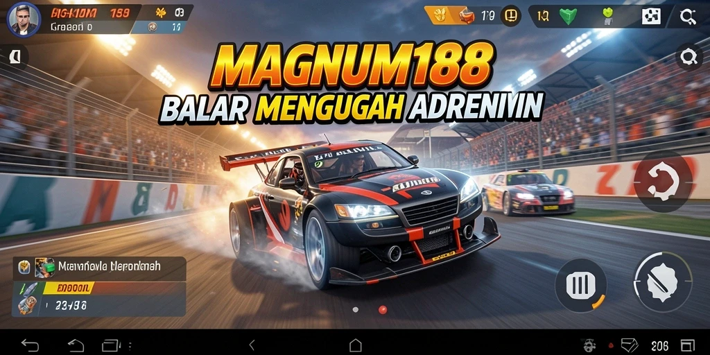 Screenshot MAGNUM188 menunjukkan mobil balap melaju kencang di lintasan.