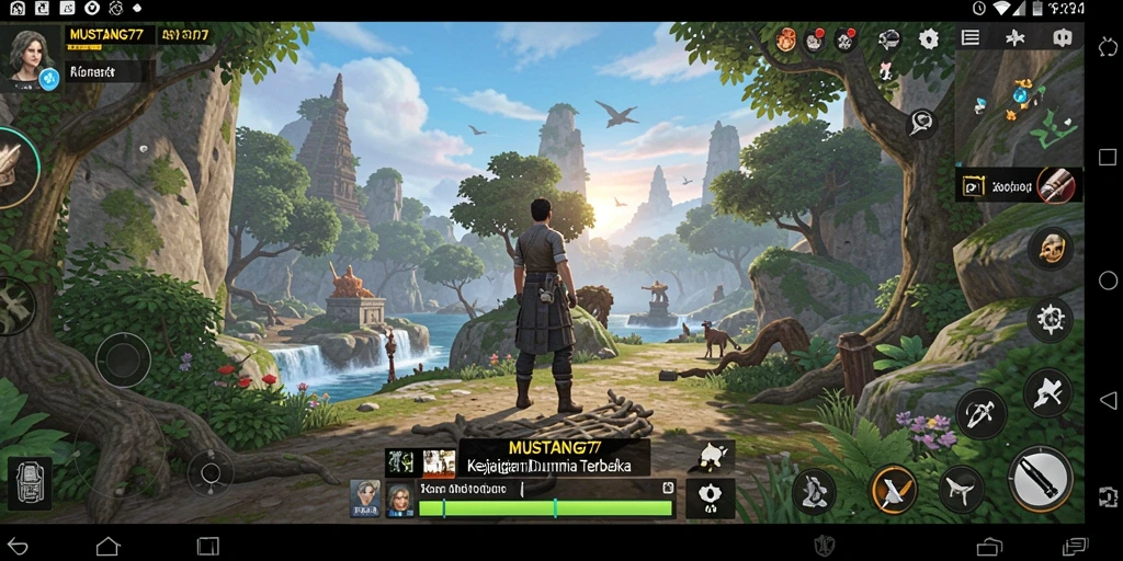 Tangkapan layar gameplay MUSTANG77 yang menunjukkan keindahan dunia terbuka.