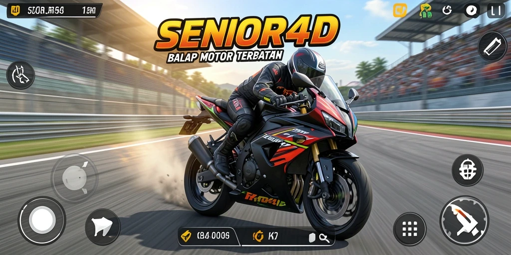 Tangkapan layar gameplay SENIOR4D yang menampilkan aksi balapan motor yang seru.