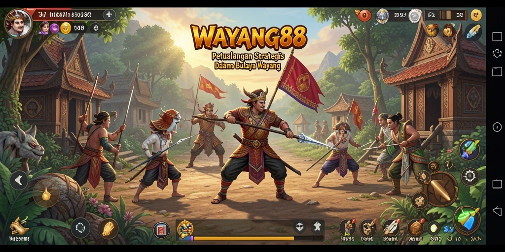 Tangkapan layar utama WAYANG88 menampilkan strategi pertempuran epik dengan karakter wayang.